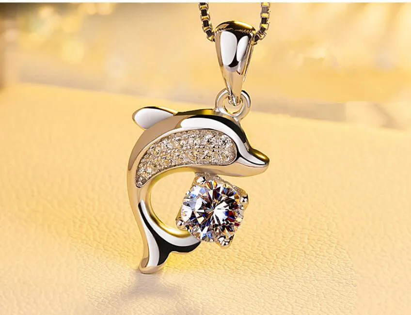 Real 925 Sterling Silver Jewelry Crystal Dolphin Charm Box Chain Pendants&Necklaces Choker Necklace For Women Wedding Party Gift - Image 4