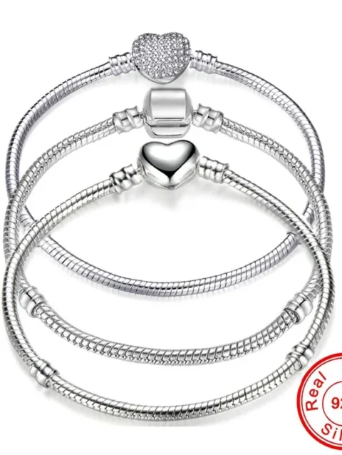 Big Sale Handmade Pan Bracelets for Women Original 925 Sterling Silver Heart Snake Chain Bangle Bracelet DIY Jewelry Fit Beads