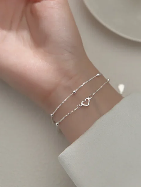 VENTFILLE 925 Sterling Silver Double Love Heart Hollow Round Beads Bracelet Female Fashion Romantic Jewelry Classic Adjustable