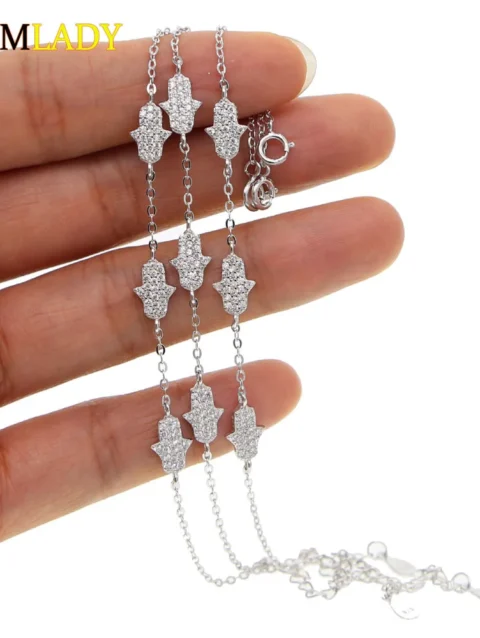 High Quality 100% 925 Sterling Silver Fatima Hand Hamsa Charm Hand Link Chain Bracelet For Women Femme Wedding Party Jewelry