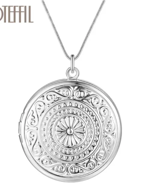 DOTEFFIL 925 Sterling Silver 45cm Snake Chain Round Photo Frame Necklace For Women Men Fashion Wedding Party Charm Jewelry