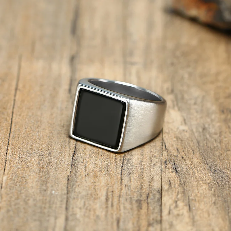 Ring for Men, Stainless Steel Square Signet Ring, Black Enamel Men's Pinky Rings,Gents Jewelry - Image 2