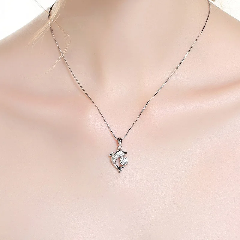 Real 925 Sterling Silver Jewelry Crystal Dolphin Charm Box Chain Pendants&Necklaces Choker Necklace For Women Wedding Party Gift - Image 2