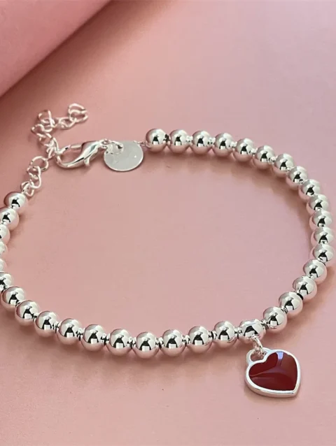 Fashion 925 Sterling Silver Bracelet Red Heart Brand Charm Women Classic Fashion Party Jewelry Gift