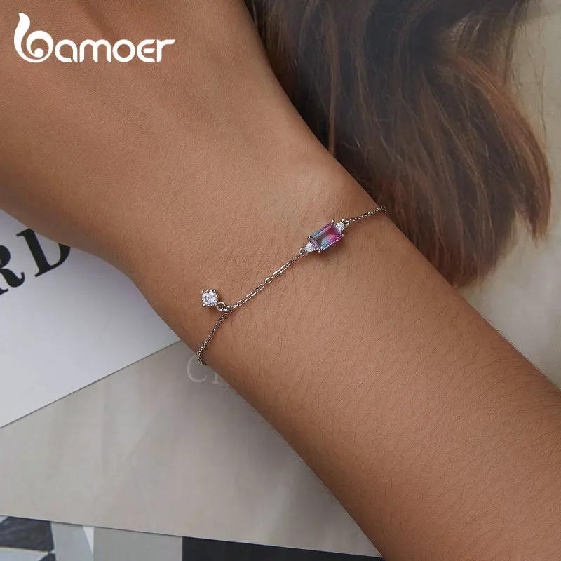 Bamoer 925 Sterling Silver Synthetic Tourmaline Bracelet for Women Fine Jewelry Fashion Adjustable Bracelet Fine Jewelry BSB092 - Image 2