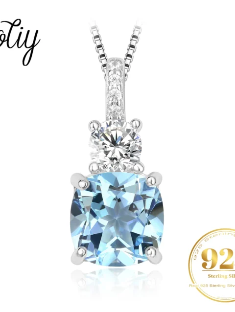 Potiy Cushion Natural Sky Blue Topaz 925 Sterling Silver Pendant Gemstone Statement Necklace Women no Chain cute valentines gift