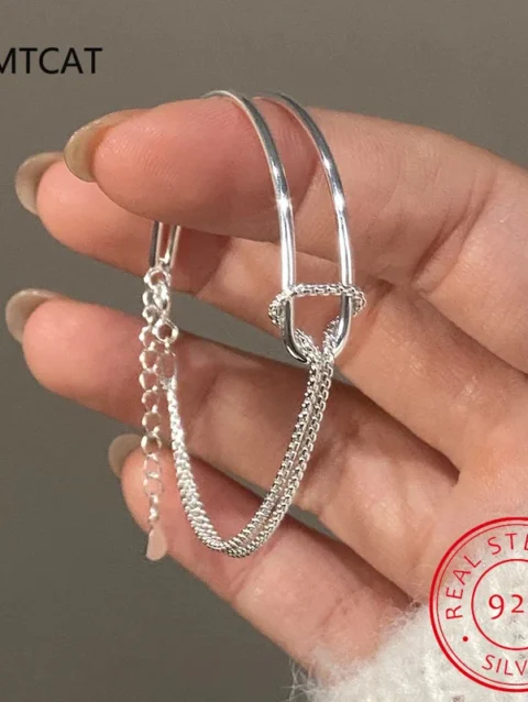 Real 925 Sterling Silver Asymmetric Double Layer Chain Bracelet for Women Hiphop Fine Jewelry Minimalist Accessories