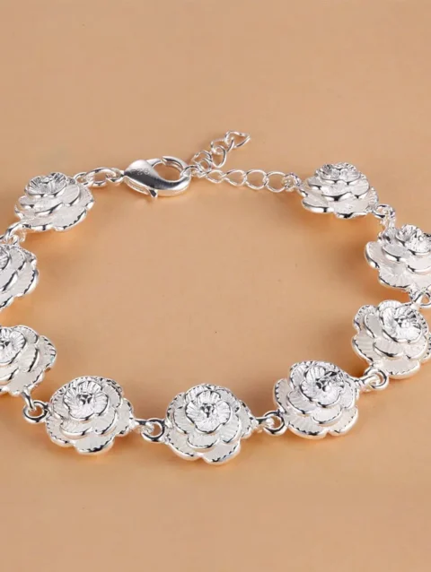 Charm 925 Sterling Silver Rose Flower Chain Bracelet For Women Fashion Pretty Party wedding accessories gift fine luxury Jewelry