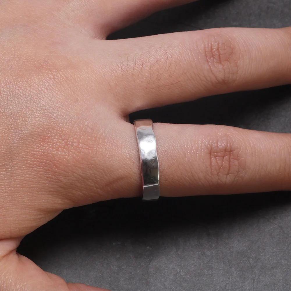 Sterling Silver S925 Bright Hand Hammer Pattern Men's and Women's Rings Minimalist Adjustable Jewelry - Image 5