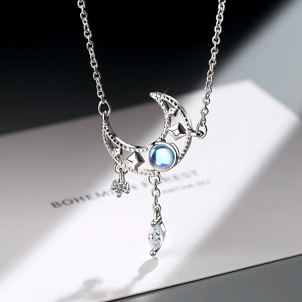 Female Moon Crystal Necklaces Pendant 925 Sterling Silver Aesthetic Fashion Chain Vintage Luxury Quality Jewelry for women - Image 2