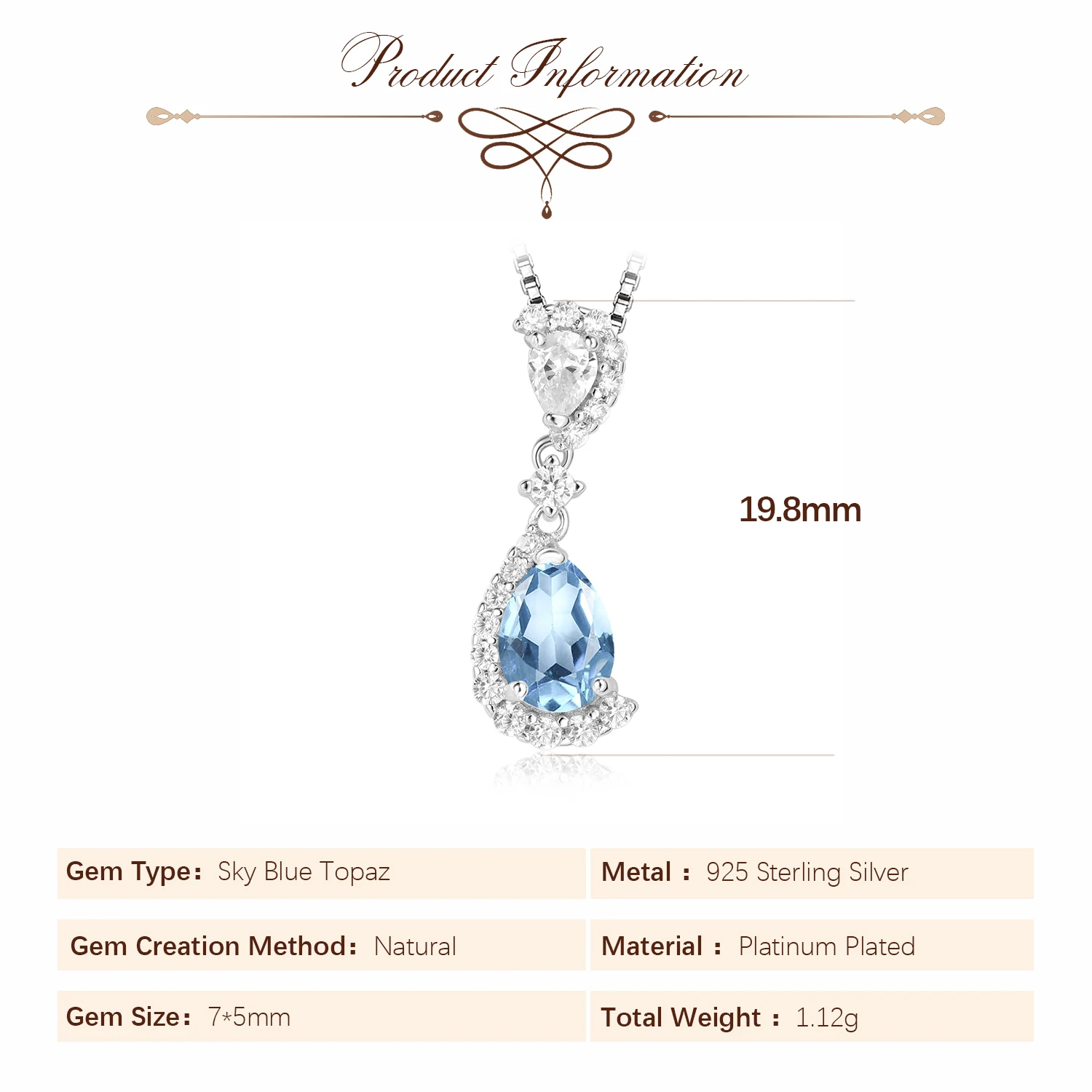 Potiy Pear Natural Sky Blue Topaz 925 Sterling Silver Pendant Necklace Gemstone Statement Women Without Chain valentines gift - Image 5