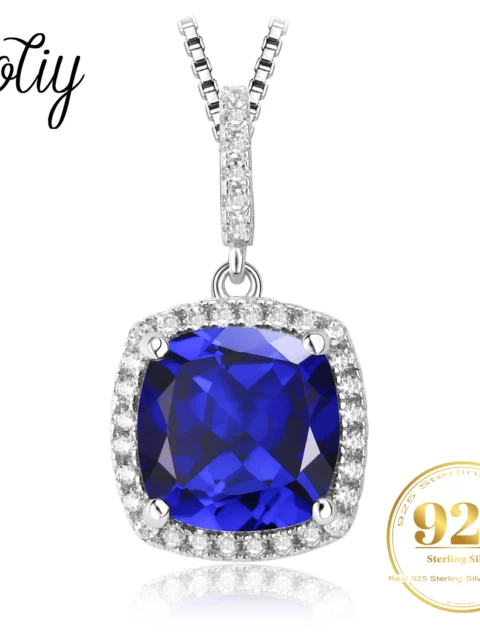Potiy Square Created Sapphire 925 Sterling Silver Pendant Necklace Gemstone Statement Necklace Women Without Chain