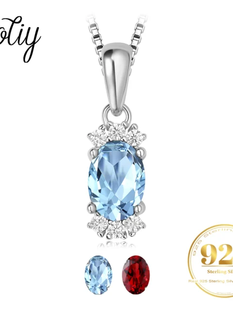 Potiy Natural Oval Sky Blue Topaz Garnet Pendant Necklace No Chain 925 Sterling Silver for Women Daily Wedding Party Jewelry