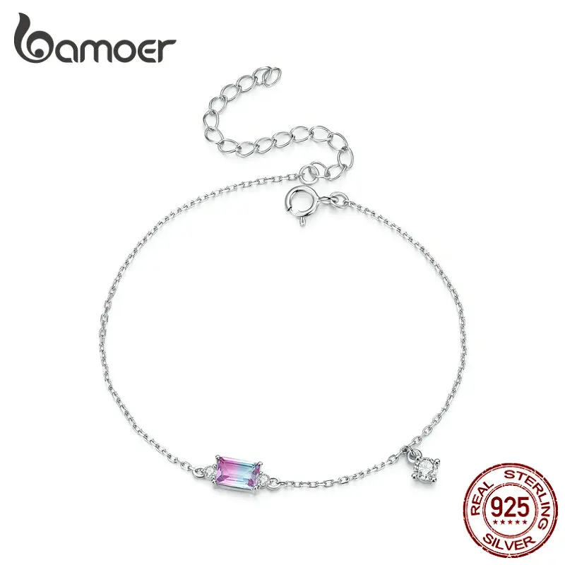 Bamoer 925 Sterling Silver Synthetic Tourmaline Bracelet for Women Fine Jewelry Fashion Adjustable Bracelet Fine Jewelry BSB092