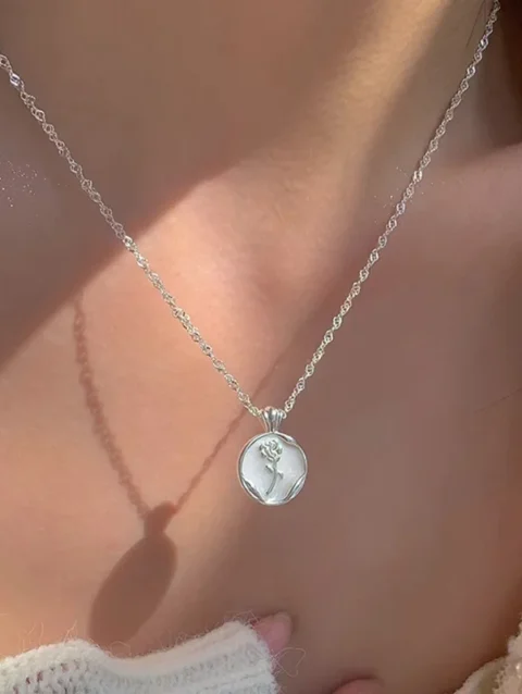 VENTFILLE 925 Sterling Silver Circular Geometry Rose Necklace Dropwise Glaze Korean Gentle Jewelry Birthday Gift Wholesale