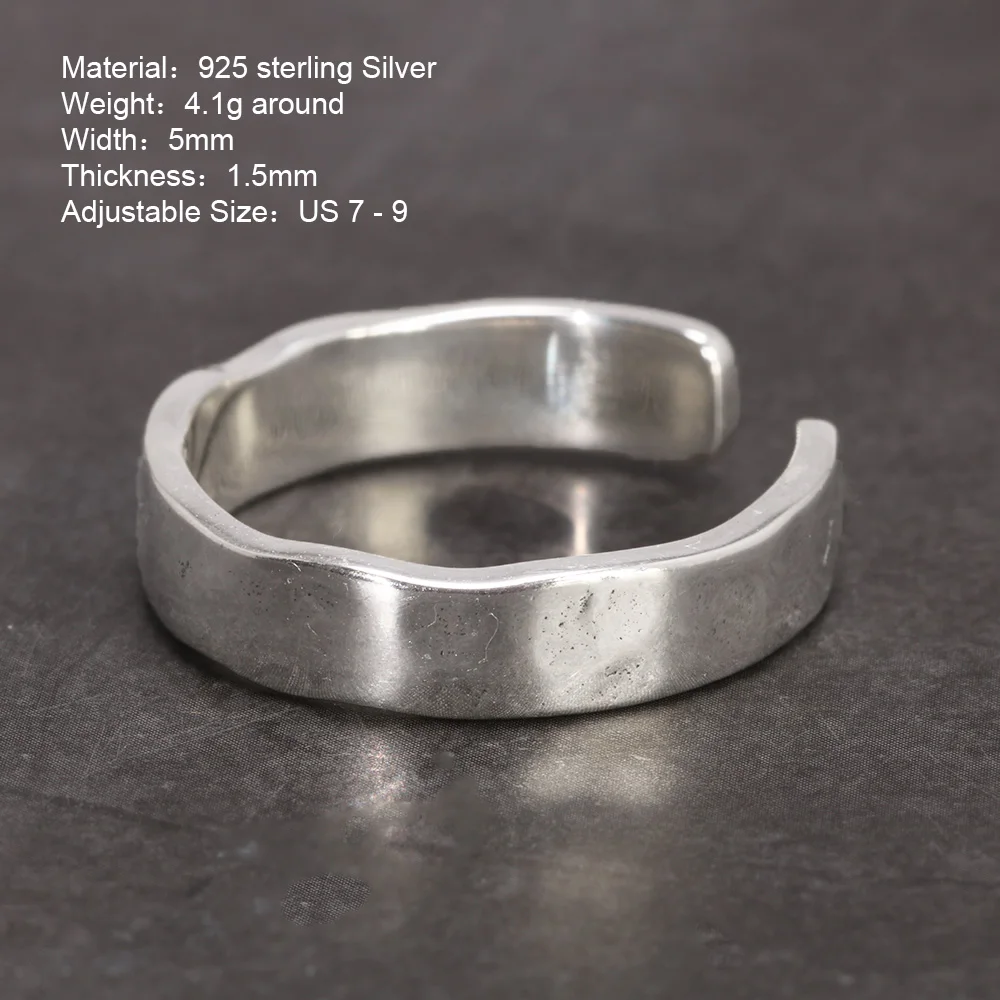 Sterling Silver S925 Bright Hand Hammer Pattern Men's and Women's Rings Minimalist Adjustable Jewelry - Image 2