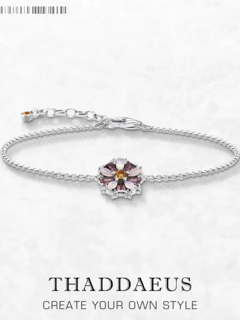 Bracelet Flowers Colourful Stones Spring Brand New Link Chain 925 Sterling Silver Jewelry Lucky Gift For Women