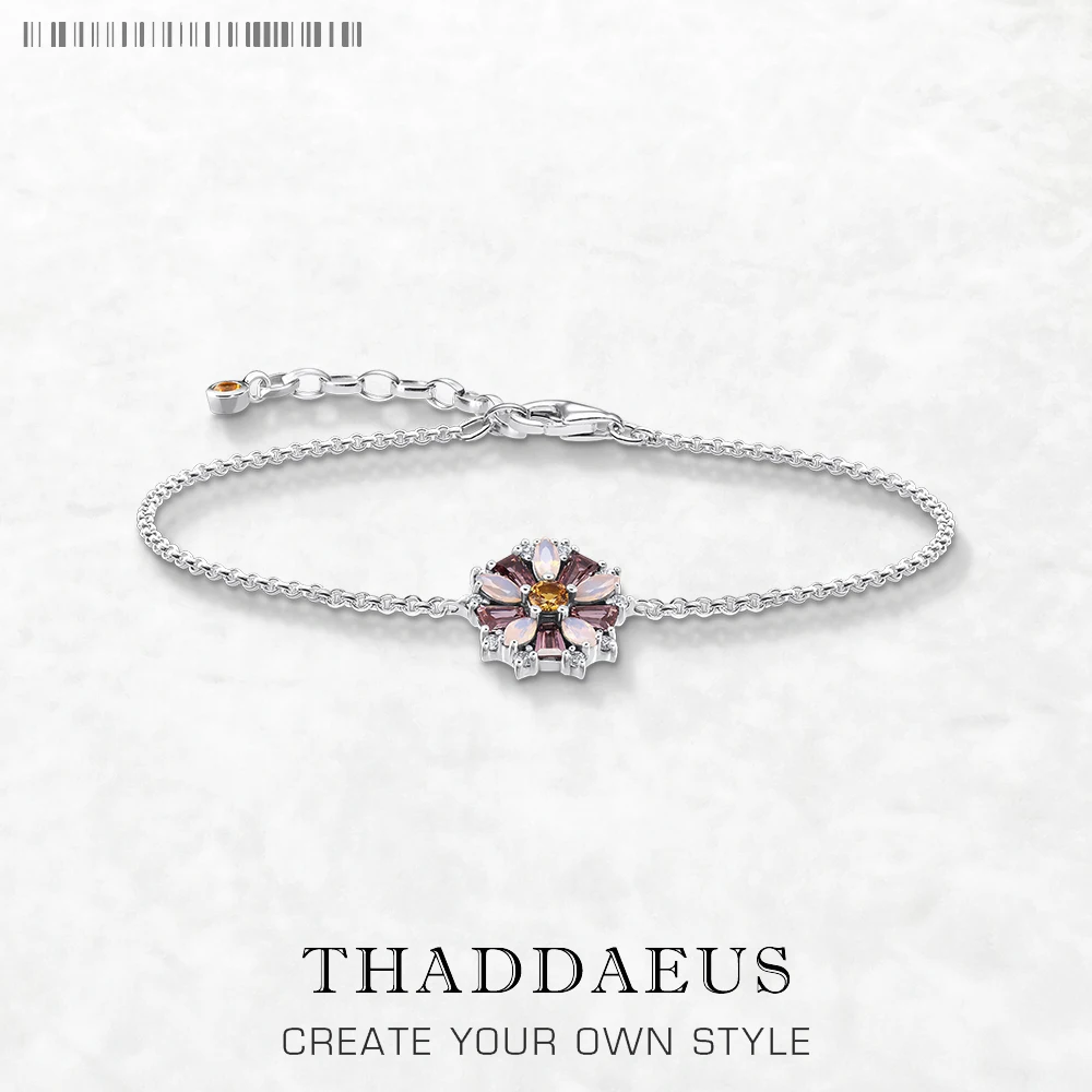 Bracelet Flowers Colourful Stones Spring Brand New Link Chain 925 Sterling Silver Jewelry Lucky Gift For Women