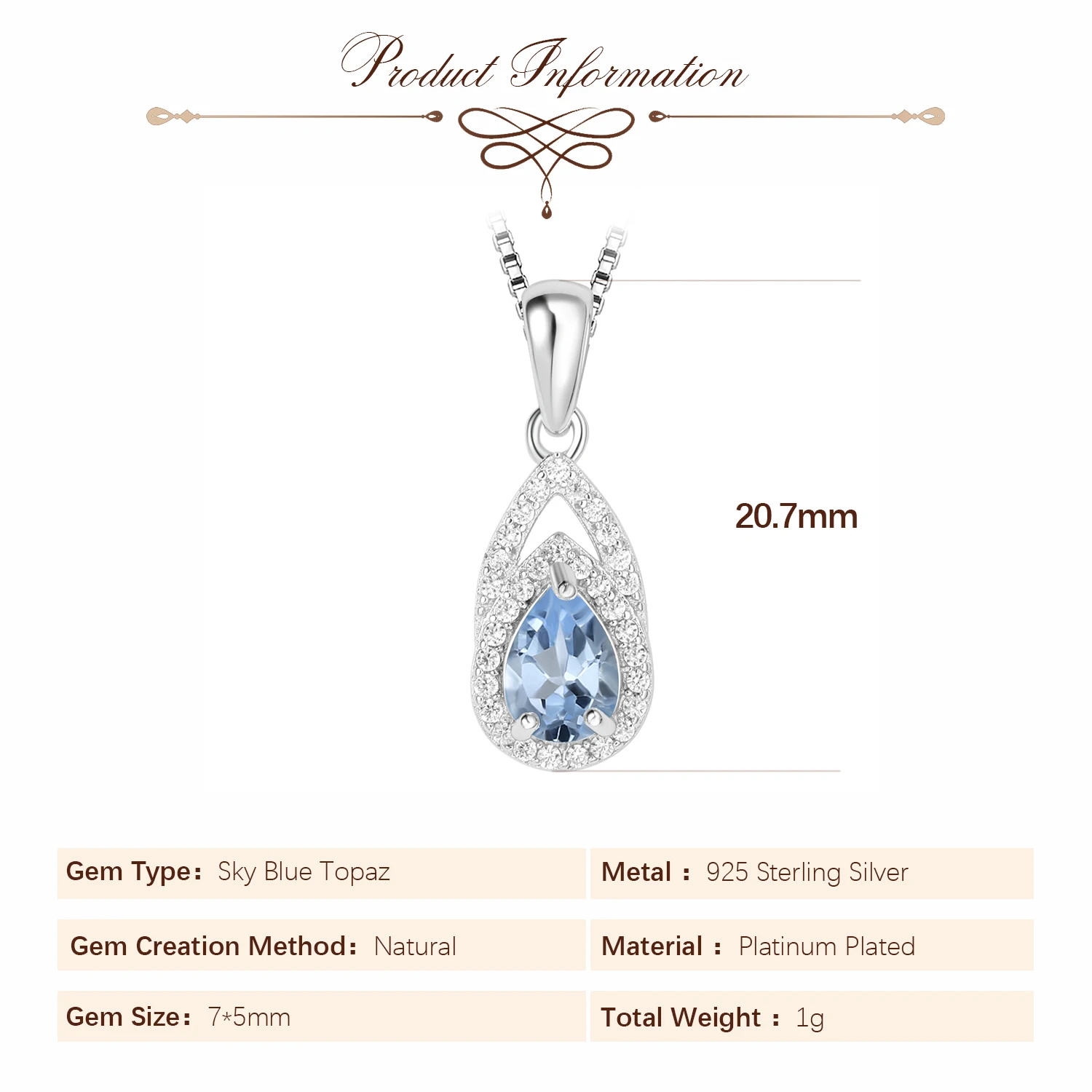 Potiy Pear Natural Sky Blue Topaz Pendant Necklace No Chain 925 Sterling Silver For Women Daily Party Jewelry - Image 5