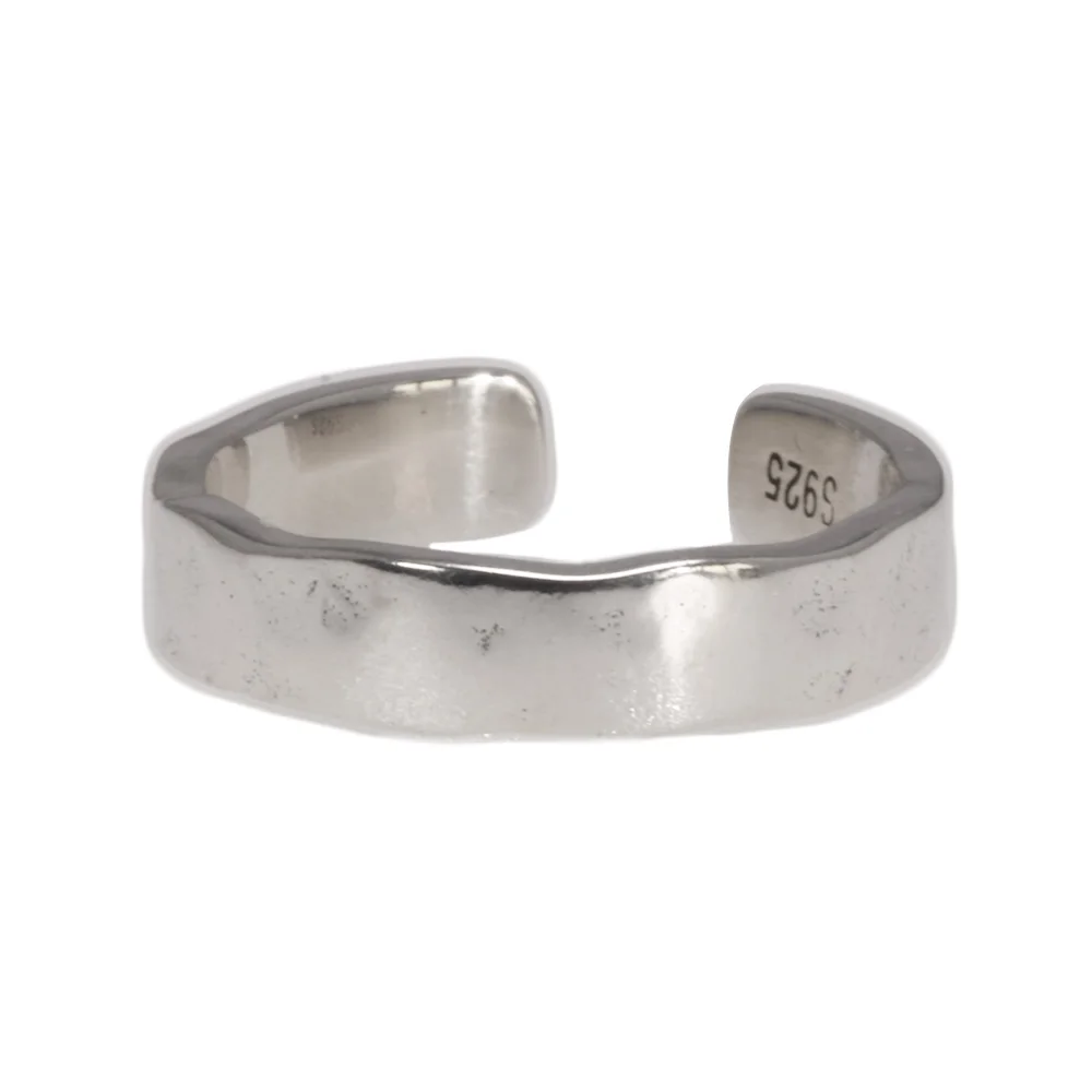 Sterling Silver S925 Bright Hand Hammer Pattern Men's and Women's Rings Minimalist Adjustable Jewelry - Image 6