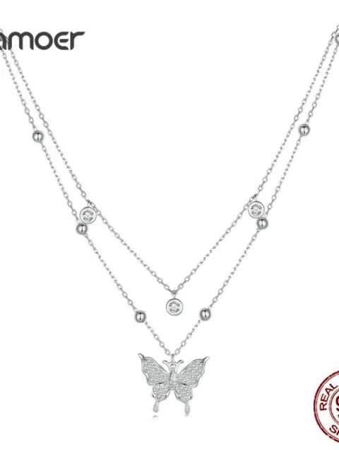 Bamoer 925 Sterling Silver Double-layer Tassel Butterfly Pendant Necklace for Women Engagement Gift Fine Jewelry BSN308