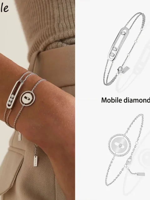 925 Sterling Silver Luxury Jewelry Mobile Three Diamond Women's Bracelet. Advanced Layering.