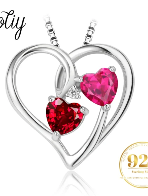 Potiy Heart Shape Created Ruby Pink Sapphire cute Pendant Necklace 925 Sterling Silver for Women valentines day gift Jewelry