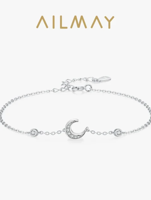 Ailmay Pure 925 Sterling Silver Charm Moon Sparkling Zirconia Chain Bracelet For Women Girls Birthday Party Accessories Jewelry