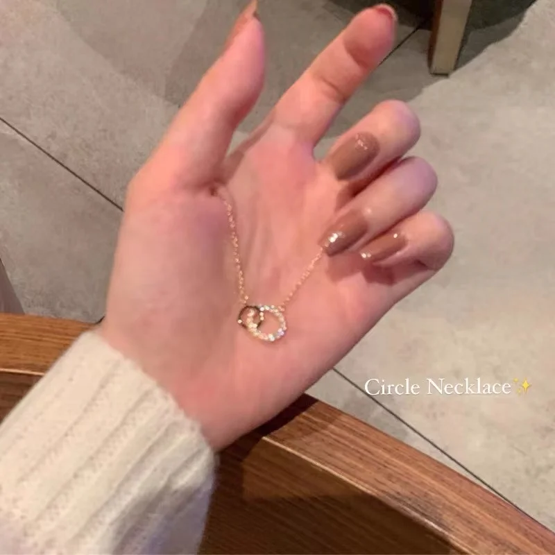 New 925 Sterling Silver Round Necklace Double Circle with Zircon Pendant Choker Birthday Gift Chains for Women Fashion Jewelry