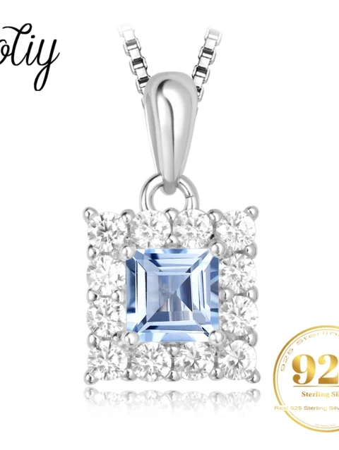 Potiy Square Natural Sky Blue Topaz Pendant Necklace No Chain 925 Sterling Silver For Women Daily Party Jewelry