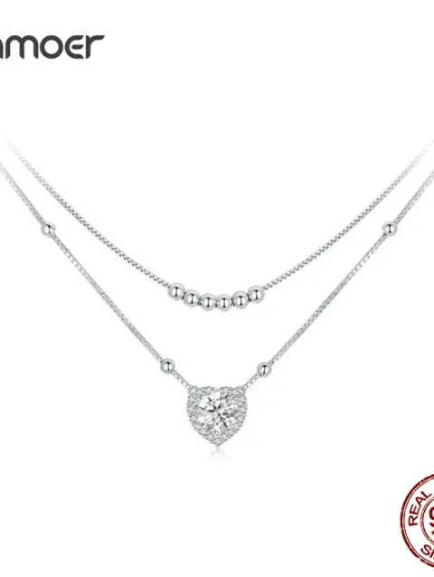 Bamoer 925 Sterling Silver Halo Heart Moissanite Pendant Necklace Double-layer Necklace for Women Valentine's Day Gift
