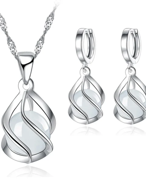 Pure 925 Silver Women Bridal Jewelry Sets Vintage Ethnic White Opal Stones Charming Pendant Necklace/Chain/Huggie Earrings