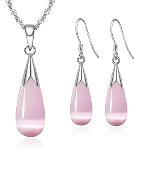Pure 925 Sterling Silver Jewelry Set Simple White Pink Water Drop Opal Cat Eye Stones Pendant Necklace/Hook Earrings/Chain