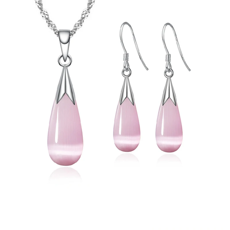 Pure 925 Sterling Silver Jewelry Set Simple White Pink Water Drop Opal Cat Eye Stones Pendant Necklace/Hook Earrings/Chain
