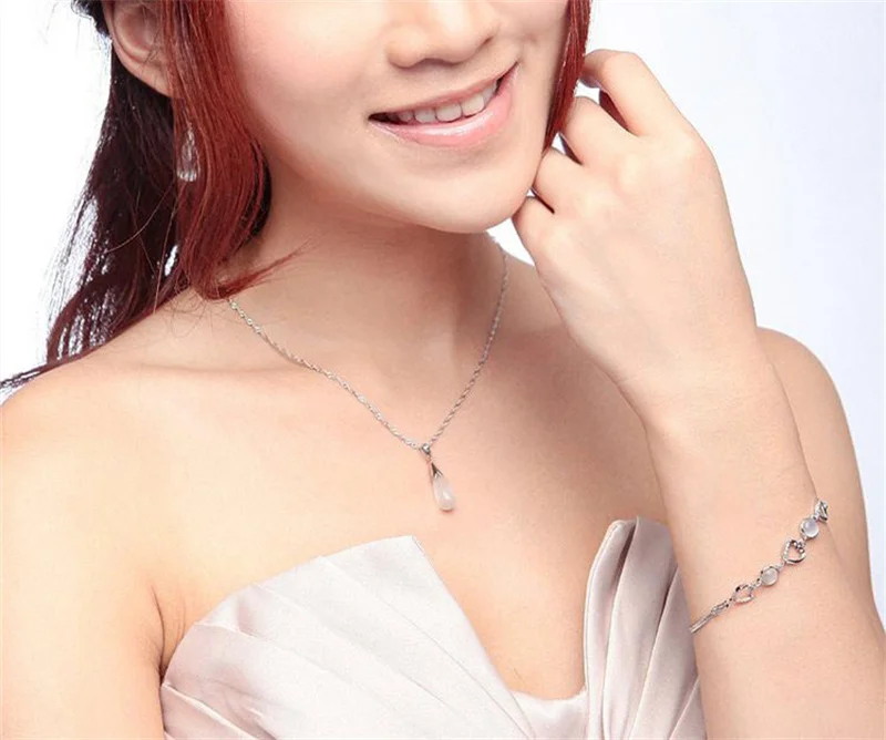 Pure 925 Sterling Silver Jewelry Set Simple White Pink Water Drop Opal Cat Eye Stones Pendant Necklace/Hook Earrings/Chain - Image 6