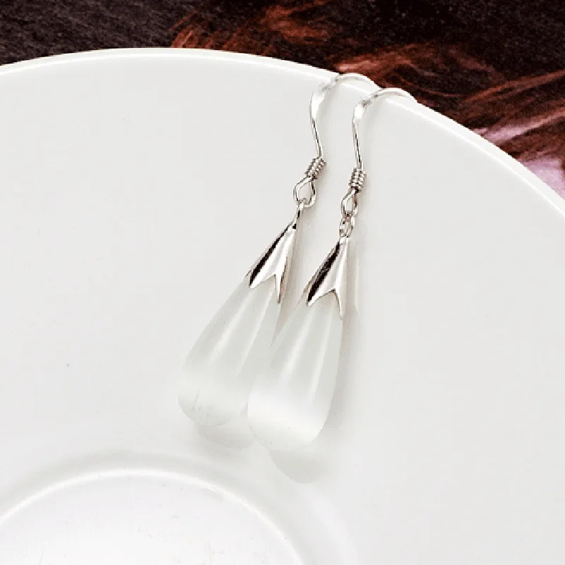 Pure 925 Sterling Silver Jewelry Set Simple White Pink Water Drop Opal Cat Eye Stones Pendant Necklace/Hook Earrings/Chain - Image 3