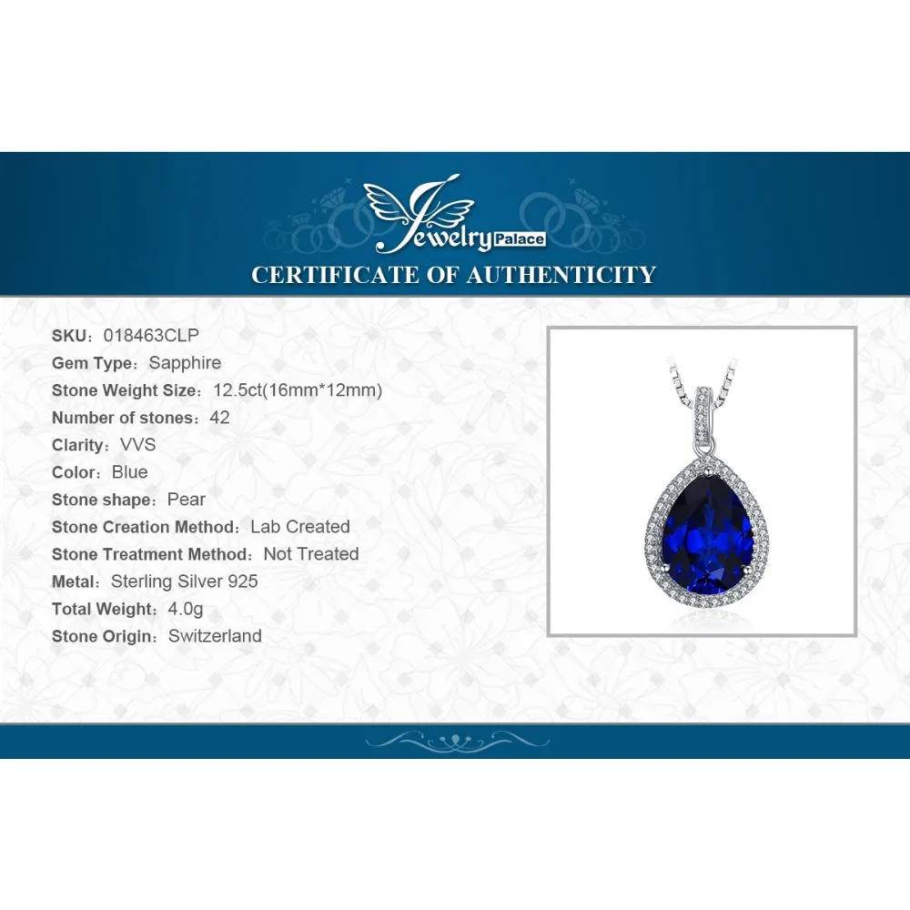 JewelryPalace 12ct Huge Created Blue Sapphire 925 Sterling Silver Pendant Necklace for Women Gemstone Choker Without Chain - Image 6