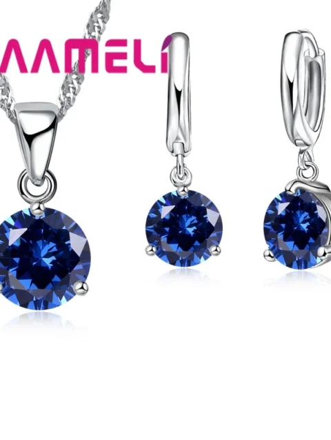 Candy 8 Colors 925 Sterling Silver Wedding Elegant Jewelry Sets Crystal Pendant Collar Necklace Earrings
