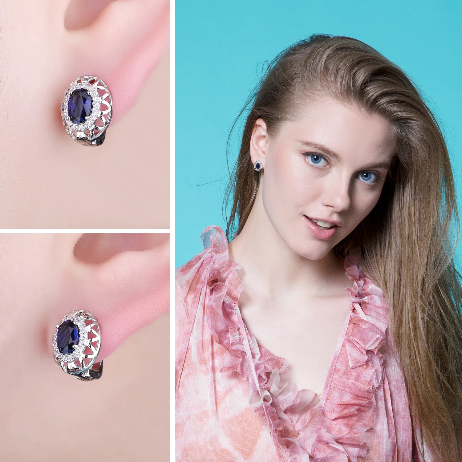 JewelryPalace Oval Cut Created Blue Sapphire 925 Sterling Silver Hoop Earrings for Women Fashion Statement Gemstone Jewelry - Image 3