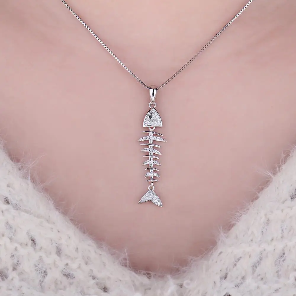 JewelryPalace Fish bone 925 Sterling Silver Pendant Necklace Cubic Zirconia Simulated Diamond Necklace Women Fashion No Chain - Image 3