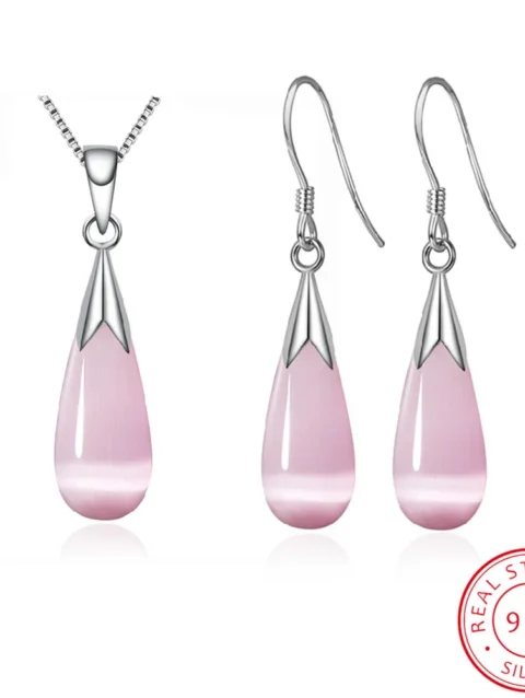 925 Sterling Silver Jewelry Sets Moonstone Opal Water Drop Necklace+Earrings Bijoux For Women Girl Gift
