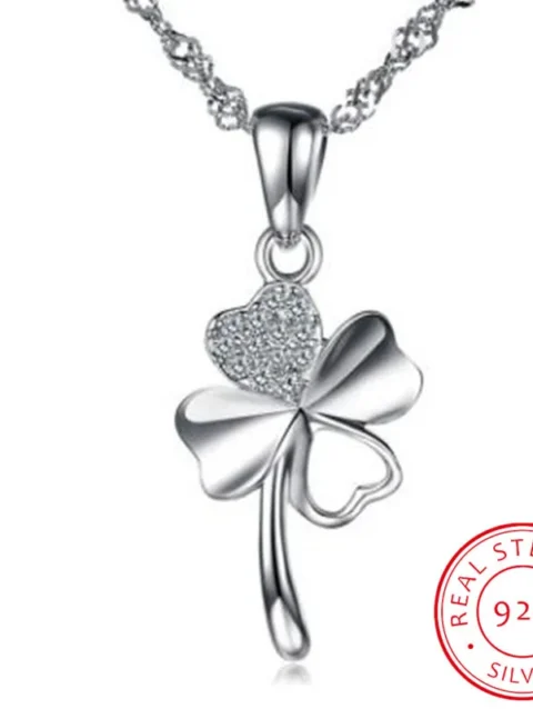 Cute Clover Style Crystal Pendants Necklace For Women Wedding Party Pure 925 Sterling Silver Lady Choker Necklaces Accessory