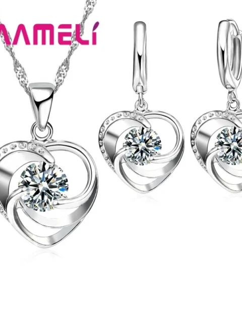 925 Sterling Silver Necklace Earrings Set Long Chain Sweet Romantic Style Love Heart Shape For Women Lady Wifebvh