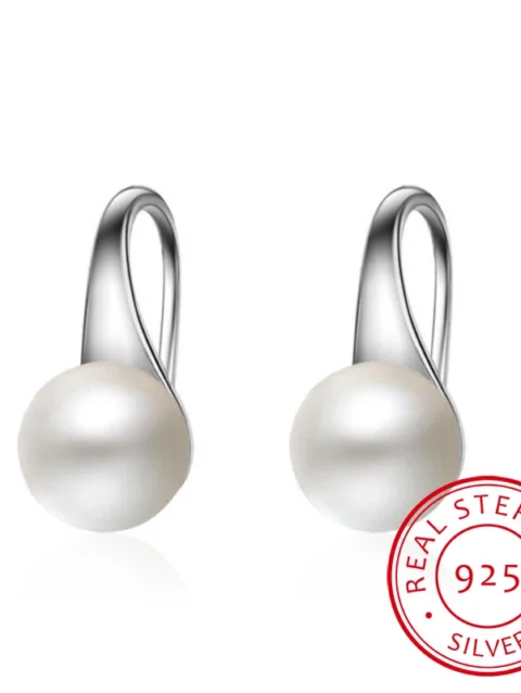 Pure 925 Sterling Silver Earrings Drop Women Round Natural Freshwater Pearl Hook Dangle Earring Ear Drops Brincos De Prata
