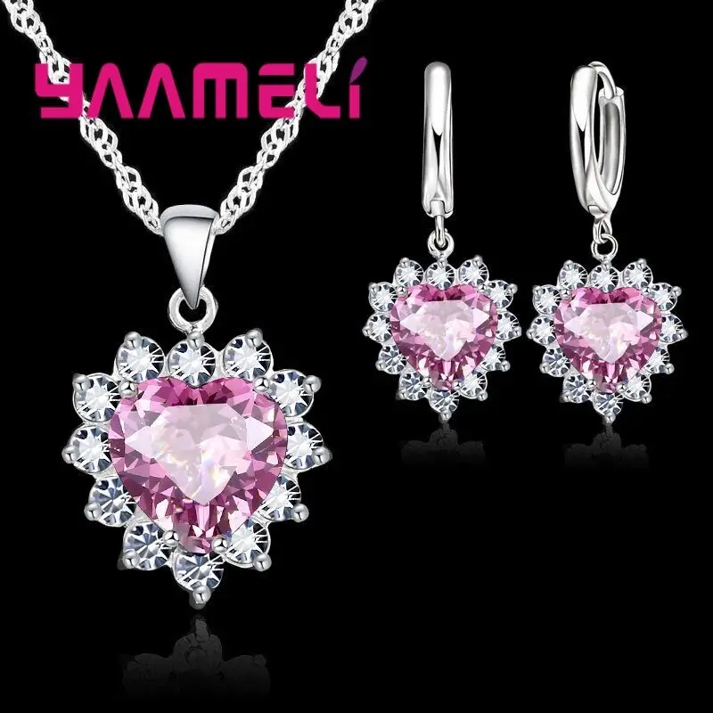 Trendy 925 Sterling Silver Jewelry Set for Women Heart CZ Stone Charm Pendants Necklaces Earrings LOVE Anniversary Gift - Image 2