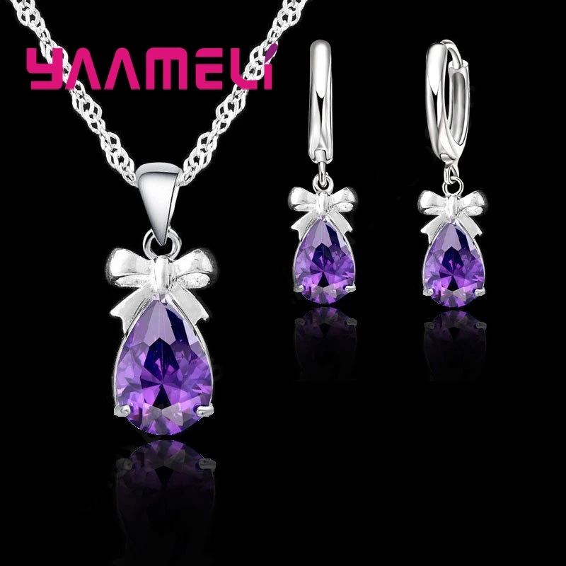 925 Sterling Silver Women Water Drop Austrian Crystal Pendants Necklace Earrings Jewelry Set For Wedding Engagement Gift - Image 2