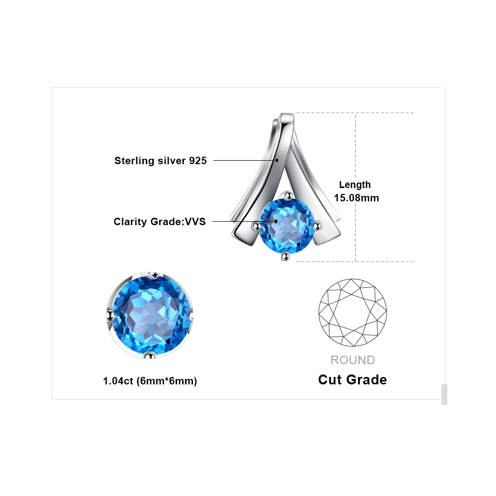 JewelryPalace 1ct Round Natural Blue Topaz 925 Sterling Silver Pendant Necklace for Woman Fashion Jewelry Gifts Without Chain - Image 5