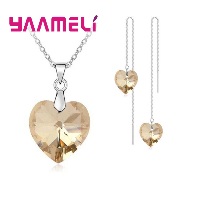 Romantic Crystal Ocean Heart 925 Sterling Silver Pendant Necklace Earring Jewelry Gift Set Long Box Chain Thread - Image 3