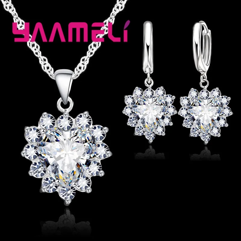 Trendy 925 Sterling Silver Jewelry Set for Women Heart CZ Stone Charm Pendants Necklaces Earrings LOVE Anniversary Gift - Image 5