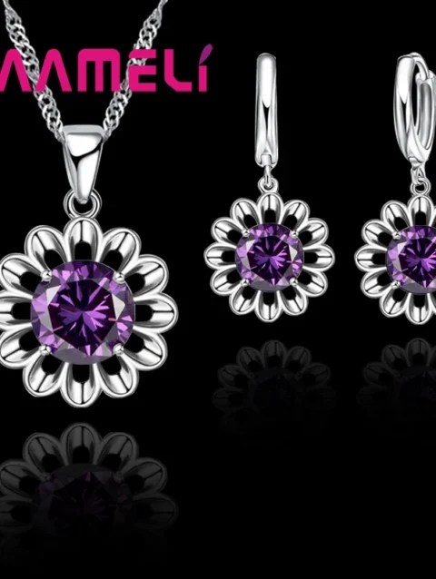 New Fashion 925 Sterling Silver Wedding Jewelry Set Women Top Quality Crystal Pendant Necklace Hoop Earring Big Promotion